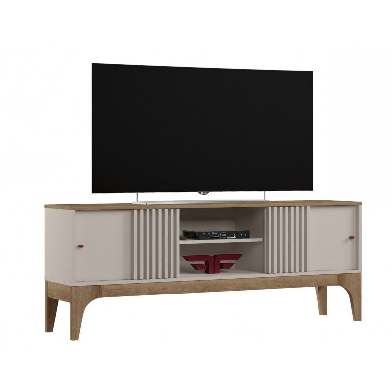 Mueble multiusos, fabricado en Mdp. Puerta corredera con decorados rasgados por laser. Estantes interiores. Acabado combinado blanco roto y matte
-El producto requiere montaje - sistema KIT
Medida: 160 cm x  36.5 cm x 63.7cm
